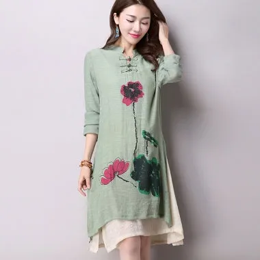 2016 Spring New Women's National Wind Casual Long-Sleeved Cotton Linen Dress Plus Size Long Linen Dresses Simple Printing CX002