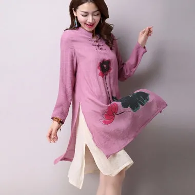 2016 Spring New Women's National Wind Casual Long-Sleeved Cotton Linen Dress Plus Size Long Linen Dresses Simple Printing CX002