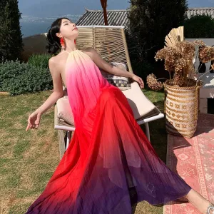 Backless Super Fairy Red Gradient Color Halter Slimming Dress