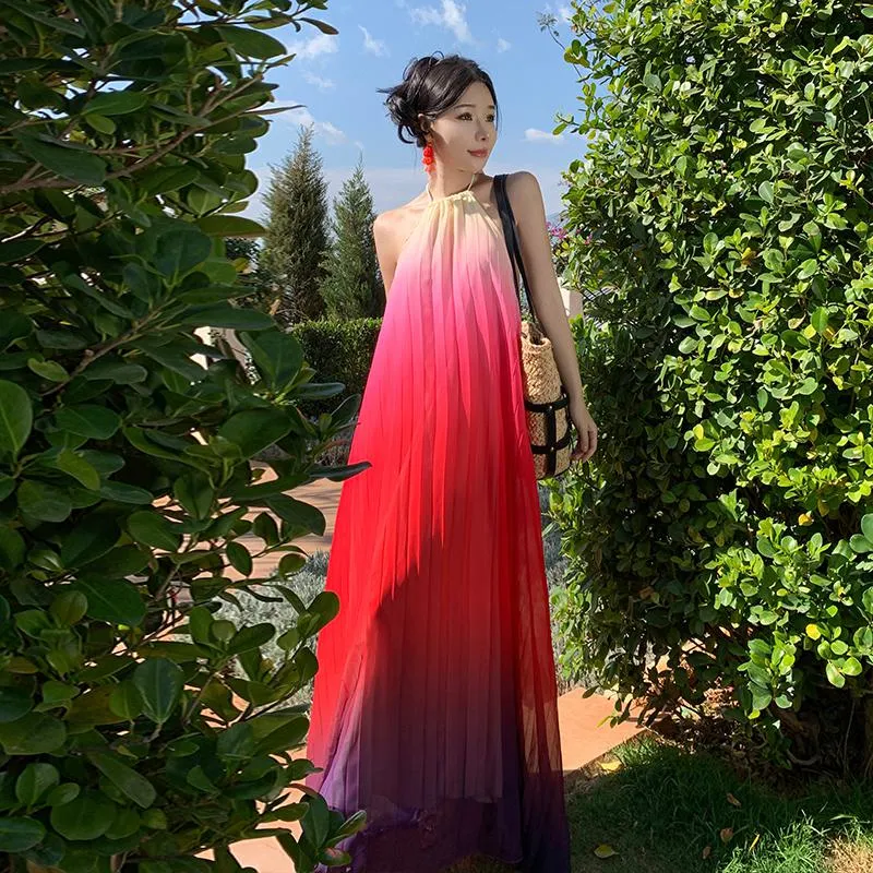 Backless Super Fairy Red Gradient Color Halter Slimming Dress