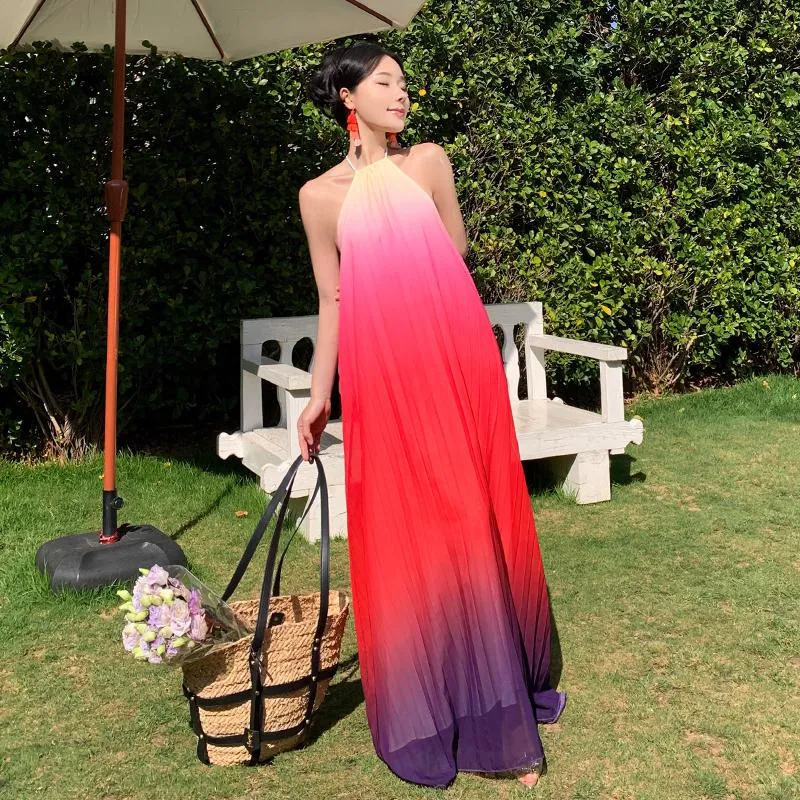 Backless Super Fairy Red Gradient Color Halter Slimming Dress