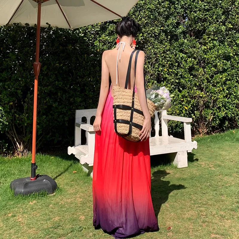 Backless Super Fairy Red Gradient Color Halter Slimming Dress