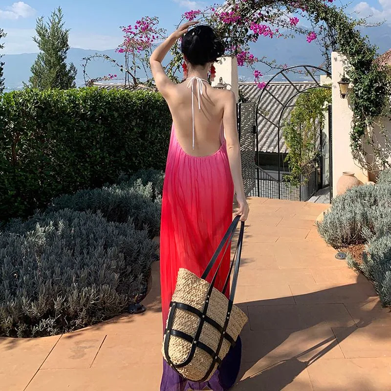 Backless Super Fairy Red Gradient Color Halter Slimming Dress