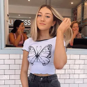 Big Butterfly Pattern Gothic Contrast Color Cute Crop Top Short Sleeve Tees