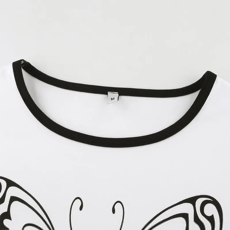 Big Butterfly Pattern Gothic Contrast Color Cute Crop Top Short Sleeve Tees