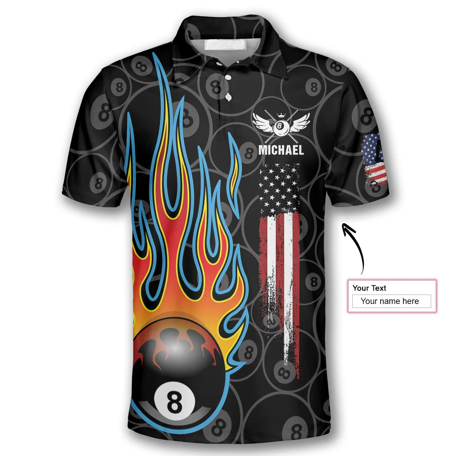 Billiards Pool Flame 8 Ball USA Flag Custom Billiard Shirts for Men