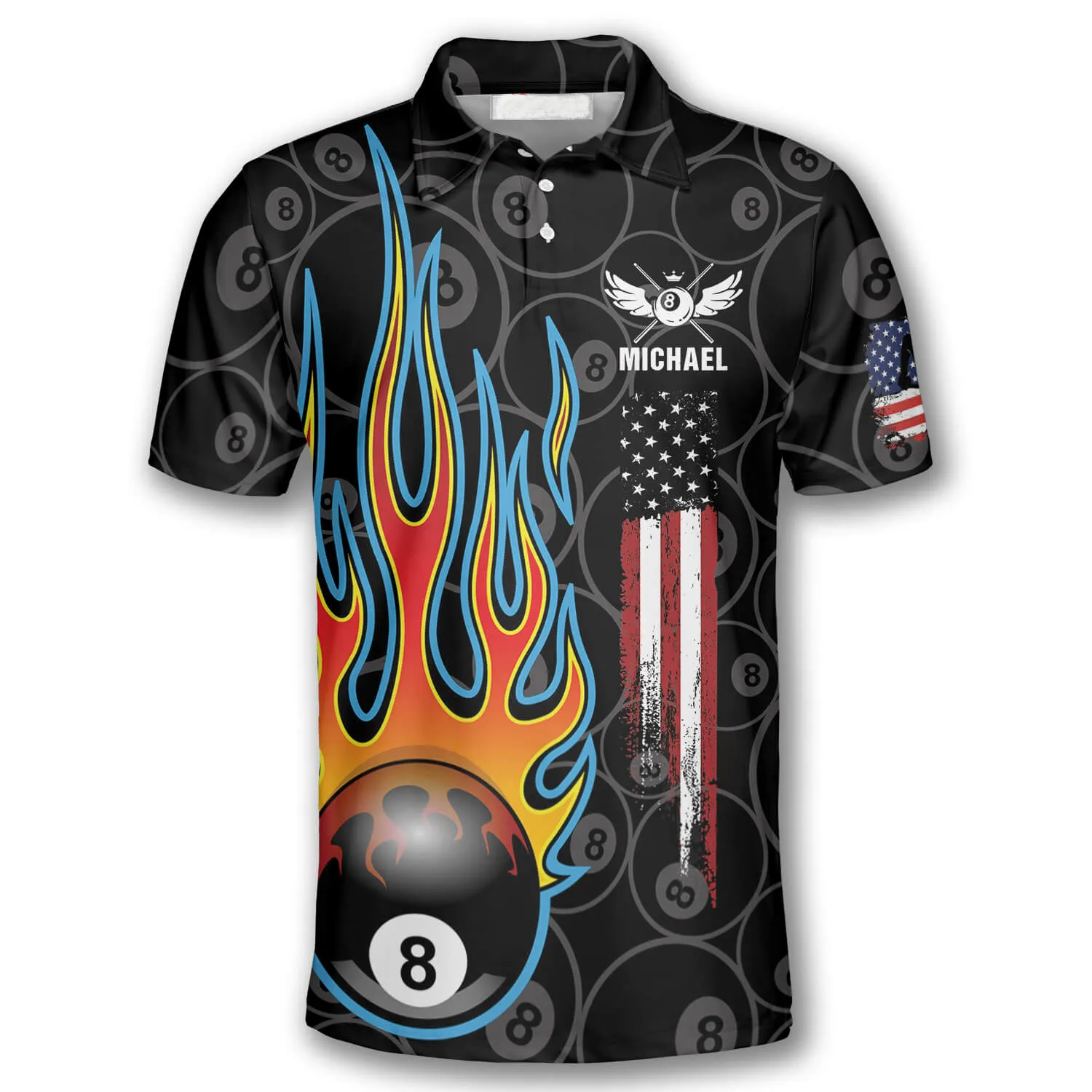 Billiards Pool Flame 8 Ball USA Flag Custom Billiard Shirts for Men