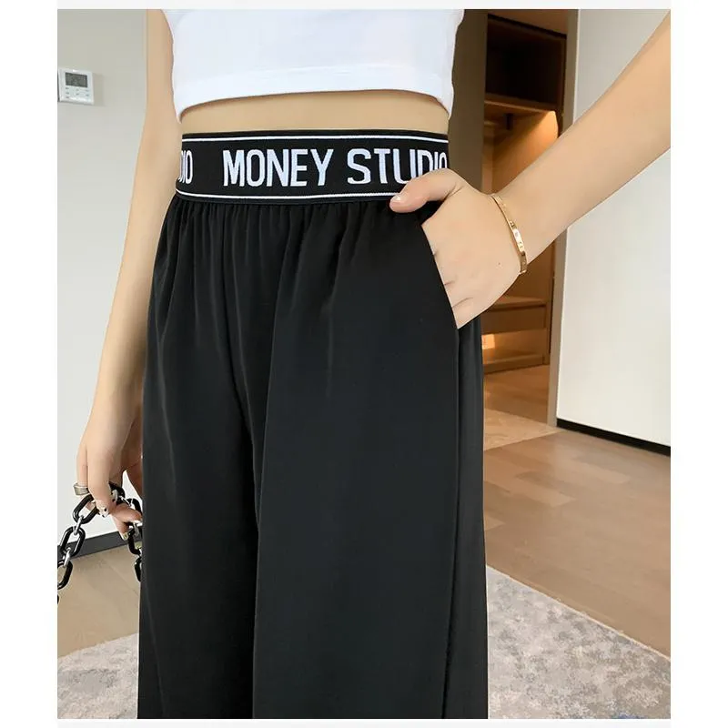 Casual Slimming Straight Plus Thin Silky Pendant Chiffon High-Waisted Pants