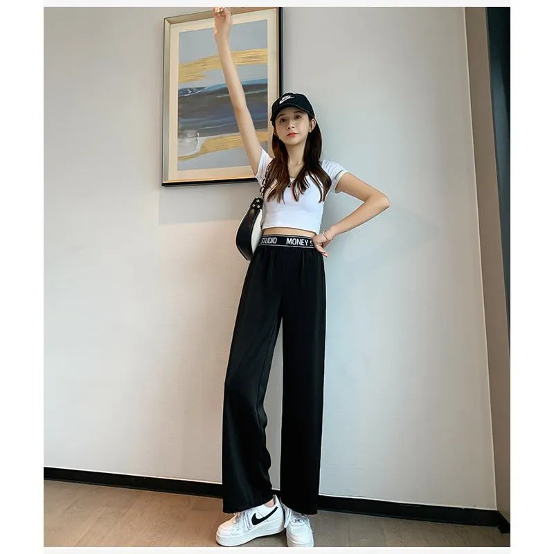 Casual Slimming Straight Plus Thin Silky Pendant Chiffon High-Waisted Pants