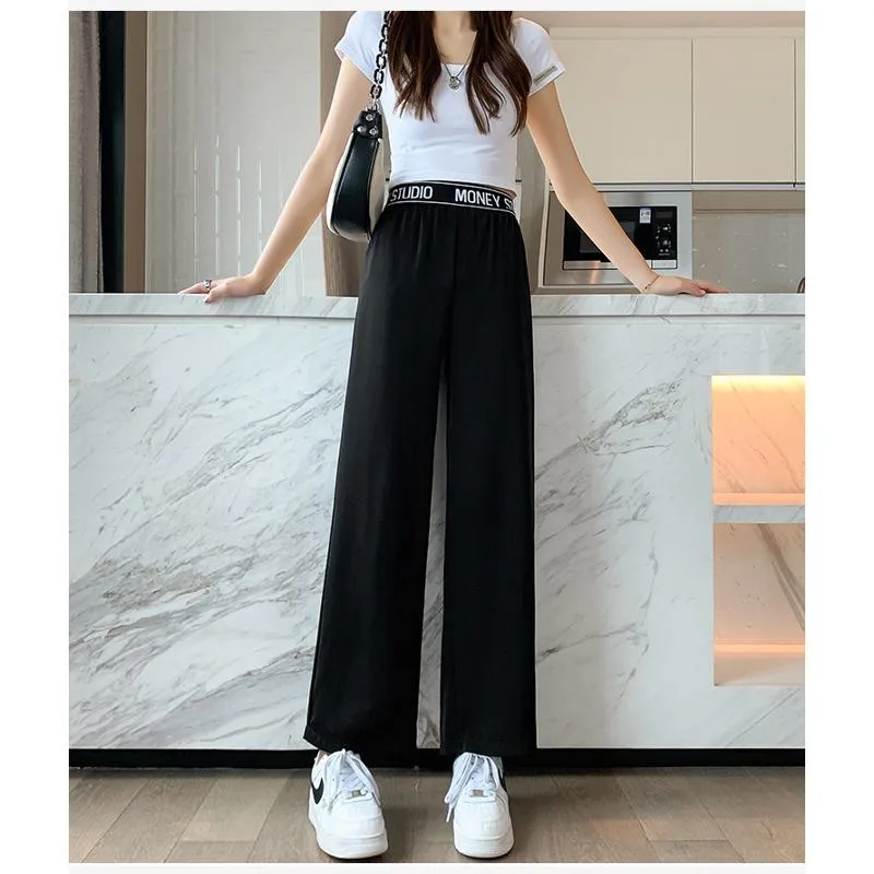 Casual Slimming Straight Plus Thin Silky Pendant Chiffon High-Waisted Pants