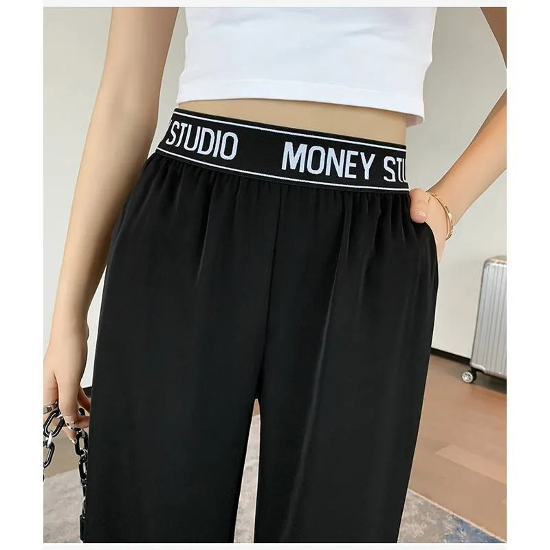 Casual Slimming Straight Plus Thin Silky Pendant Chiffon High-Waisted Pants