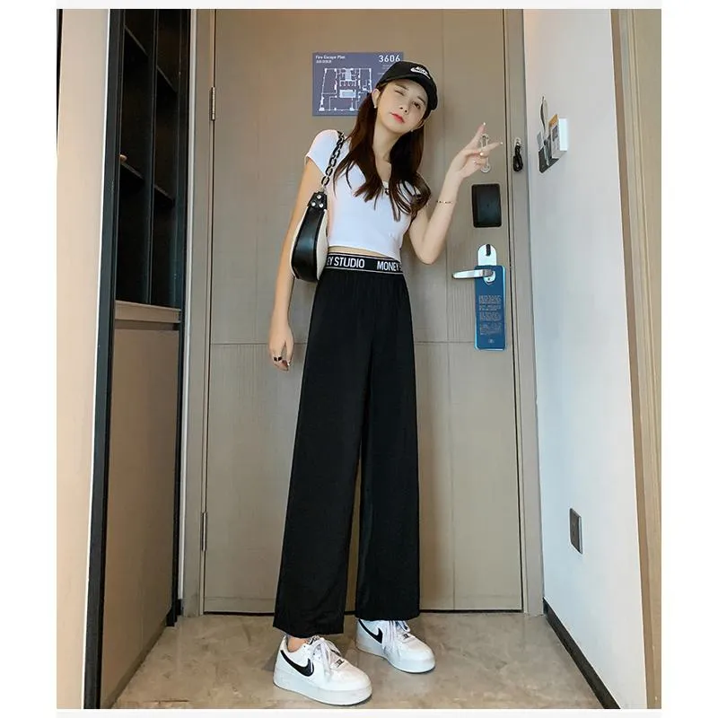 Casual Slimming Straight Plus Thin Silky Pendant Chiffon High-Waisted Pants
