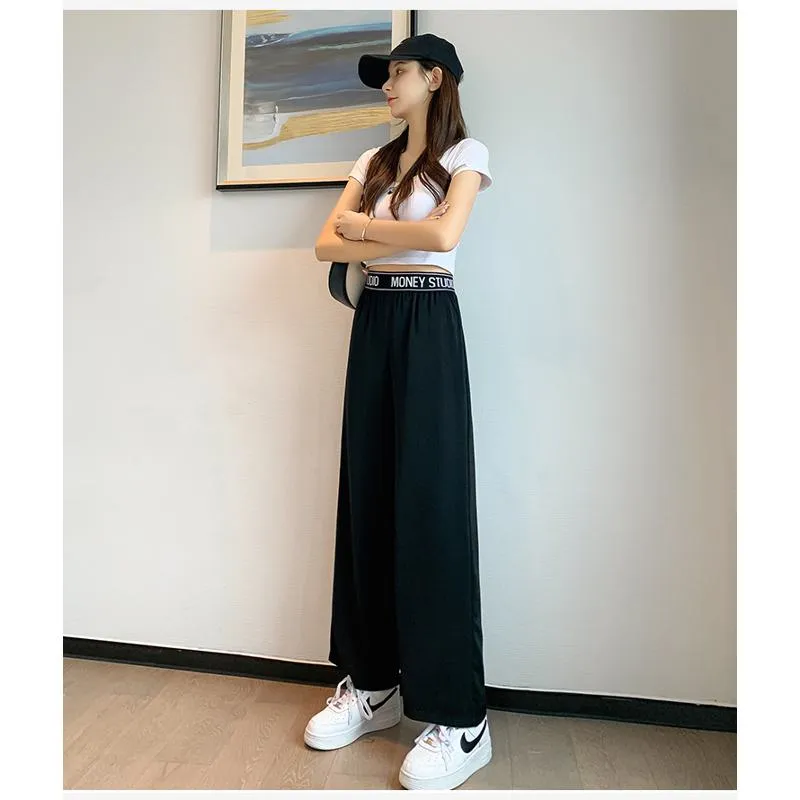 Casual Slimming Straight Plus Thin Silky Pendant Chiffon High-Waisted Pants