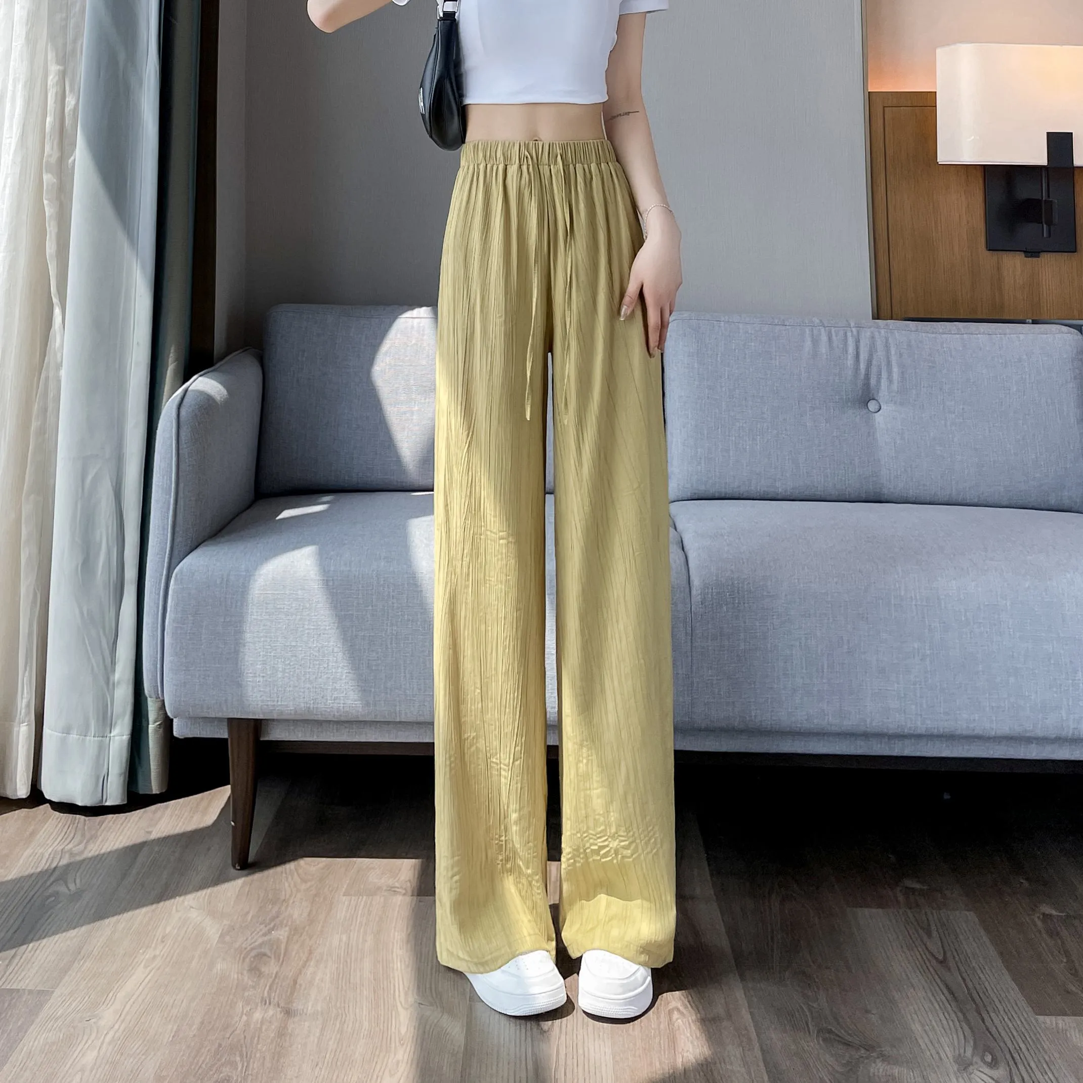 Casual Sun Protection High-Waisted Linen Draping Silky Straight Leg Pants