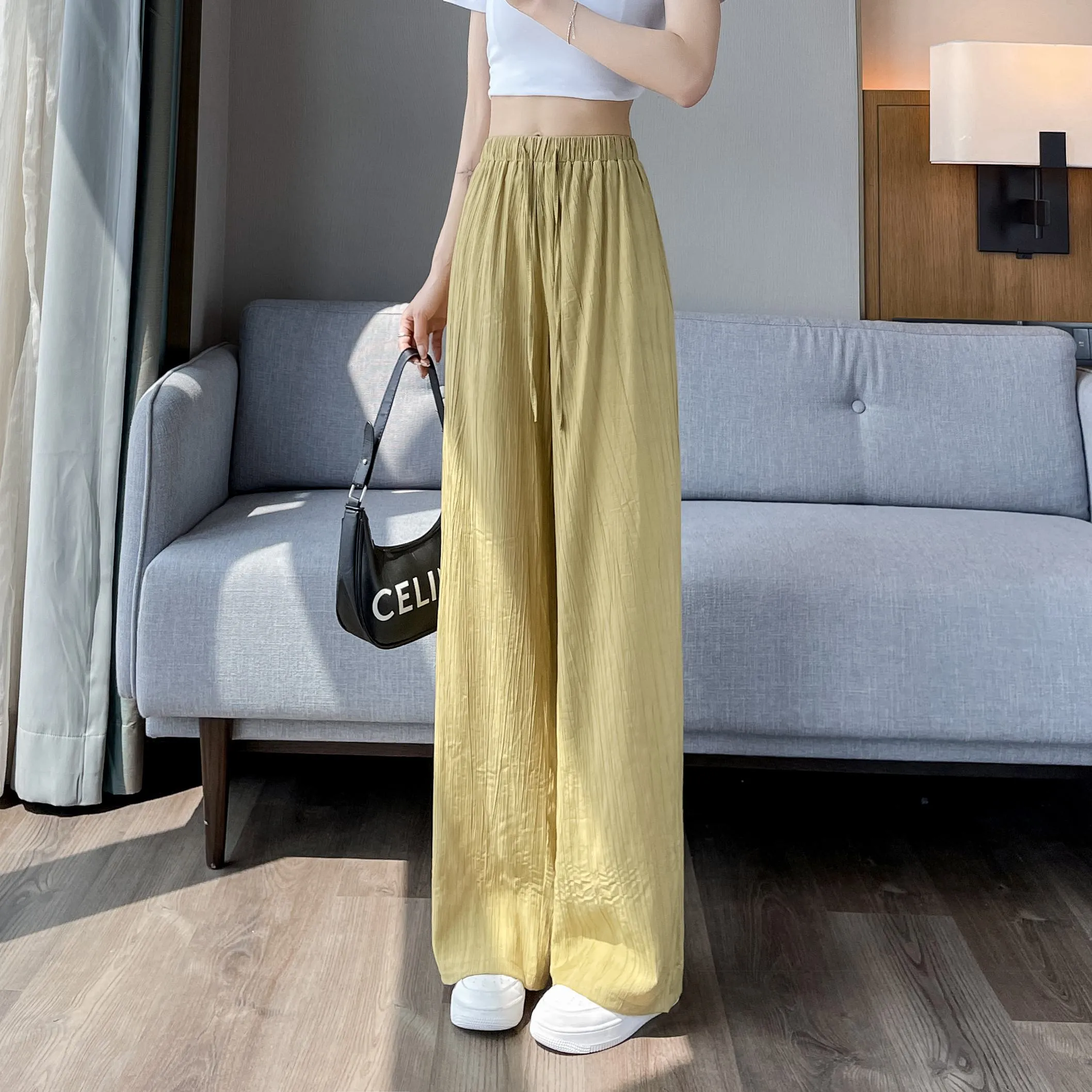 Casual Sun Protection High-Waisted Linen Draping Silky Straight Leg Pants