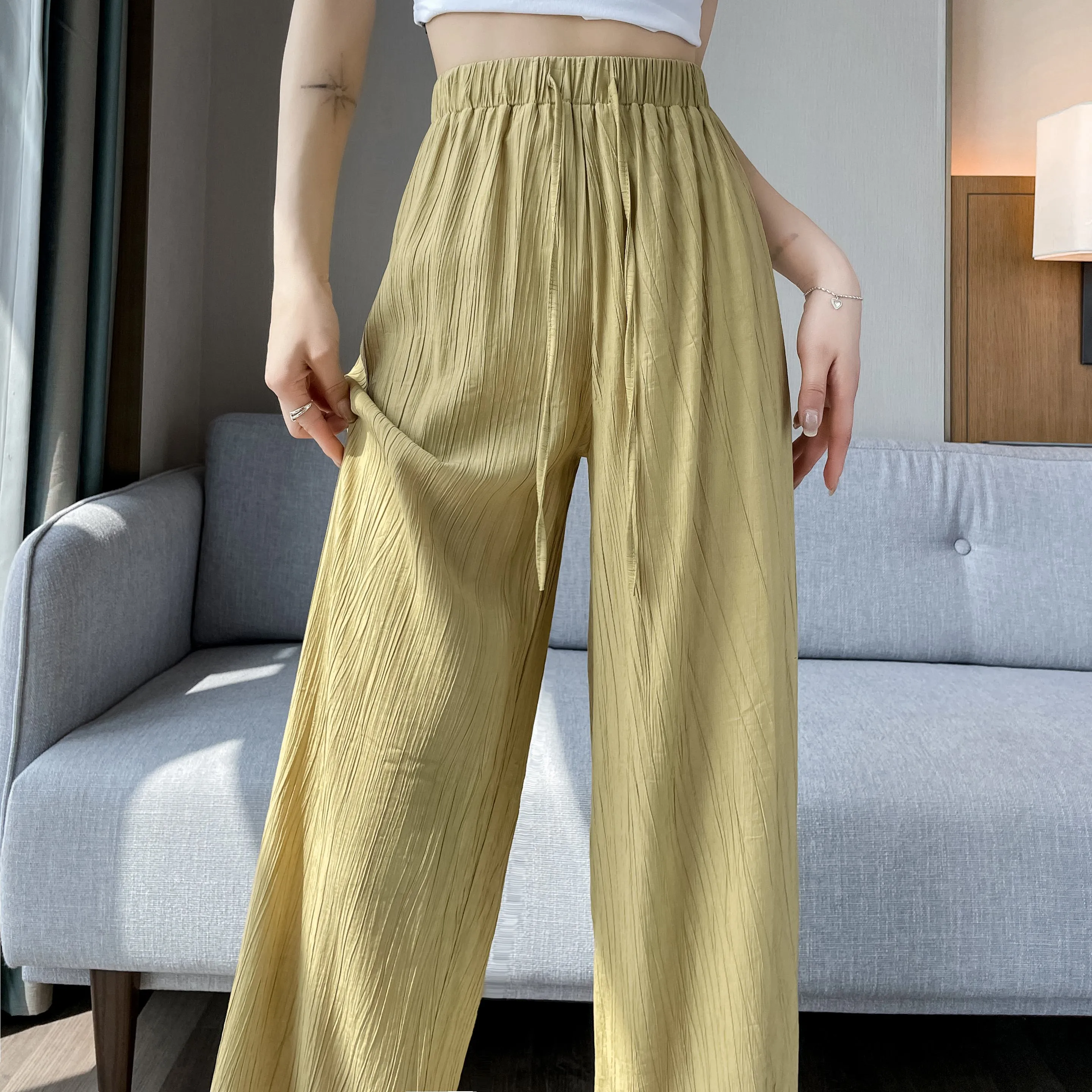 Casual Sun Protection High-Waisted Linen Draping Silky Straight Leg Pants