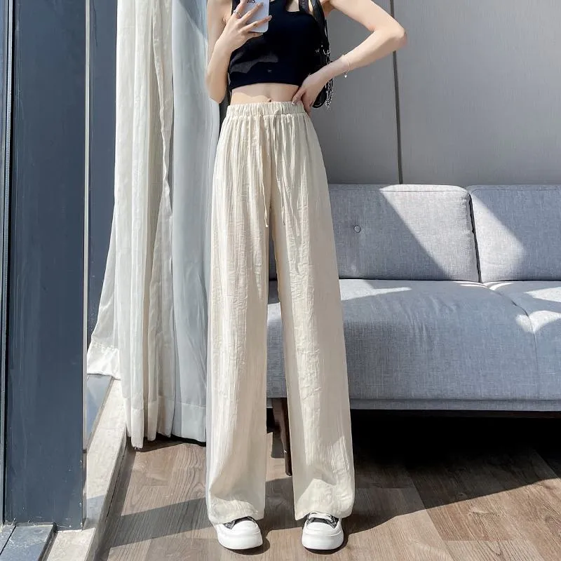 Casual Sun Protection High-Waisted Linen Draping Silky Straight Leg Pants
