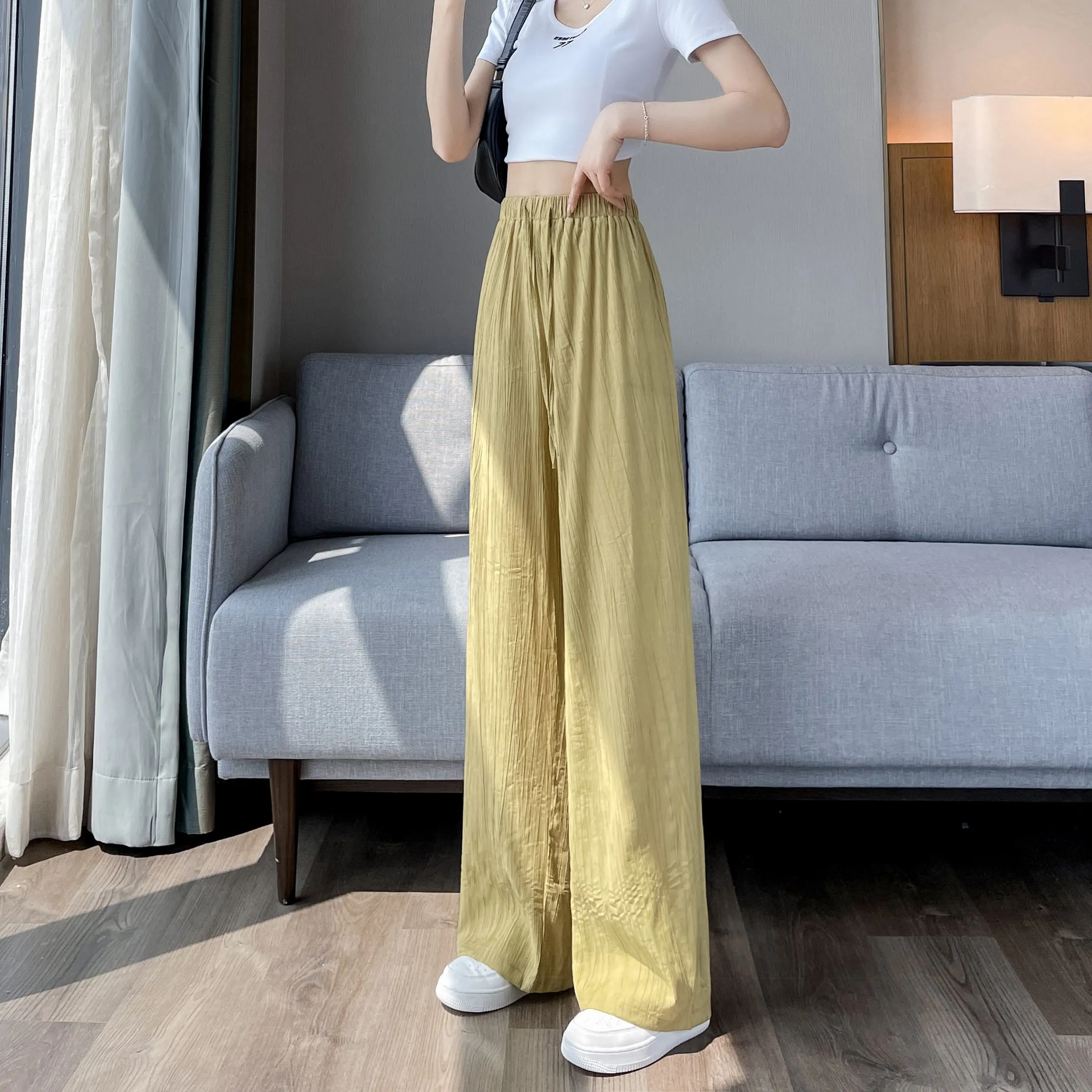 Casual Sun Protection High-Waisted Linen Draping Silky Straight Leg Pants