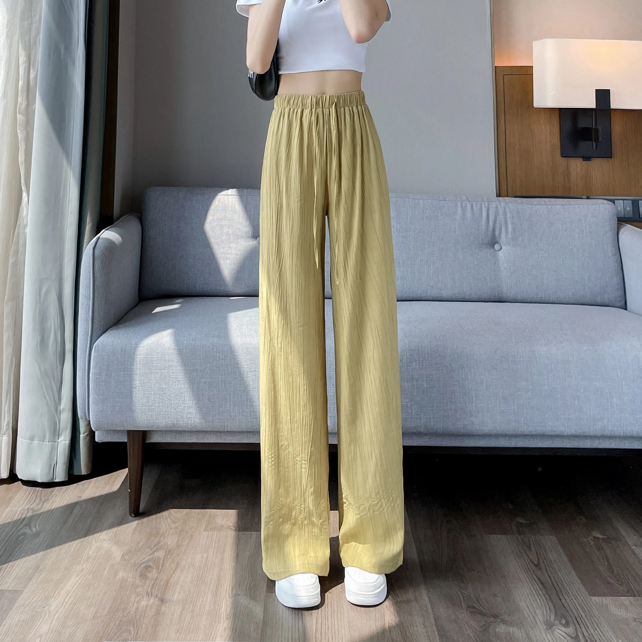 Casual Sun Protection High-Waisted Linen Draping Silky Straight Leg Pants