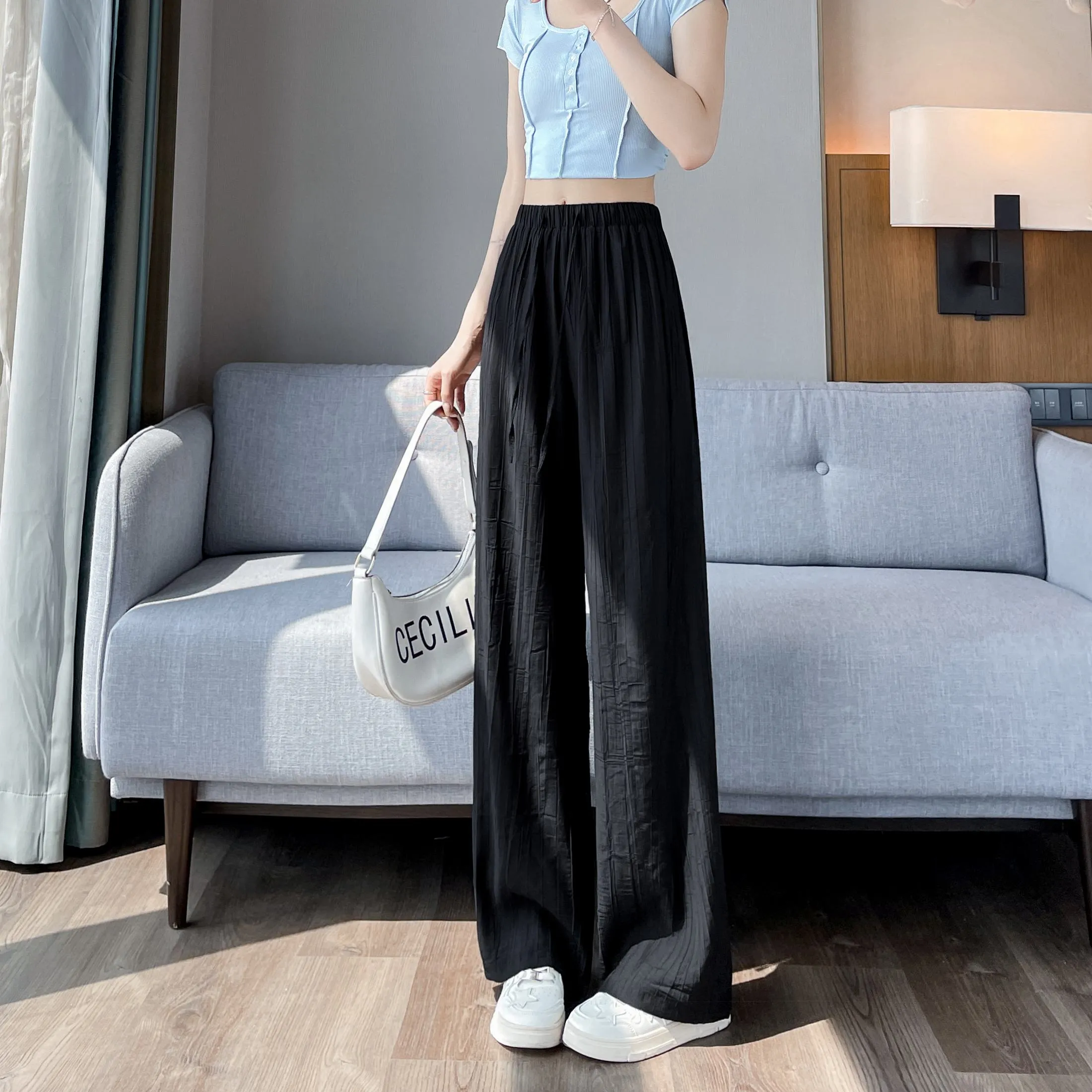 Casual Sun Protection High-Waisted Linen Draping Silky Straight Leg Pants