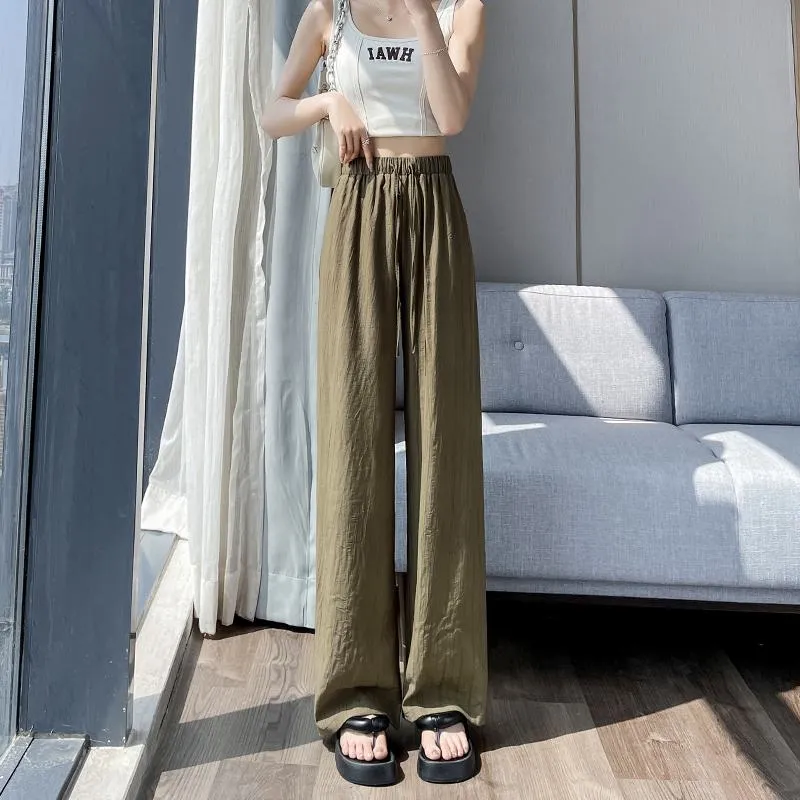 Casual Sun Protection High-Waisted Linen Draping Silky Straight Leg Pants