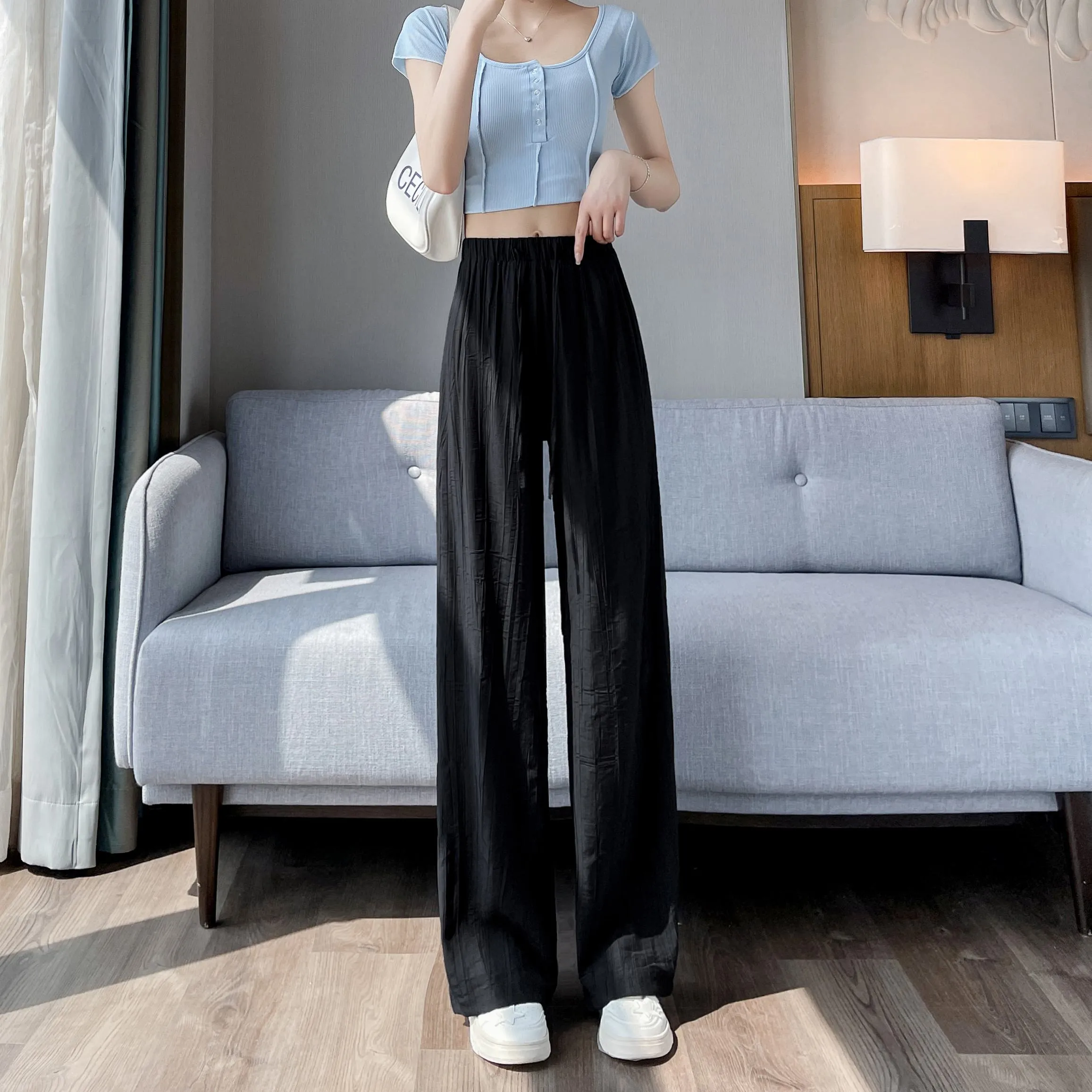 Casual Sun Protection High-Waisted Linen Draping Silky Straight Leg Pants