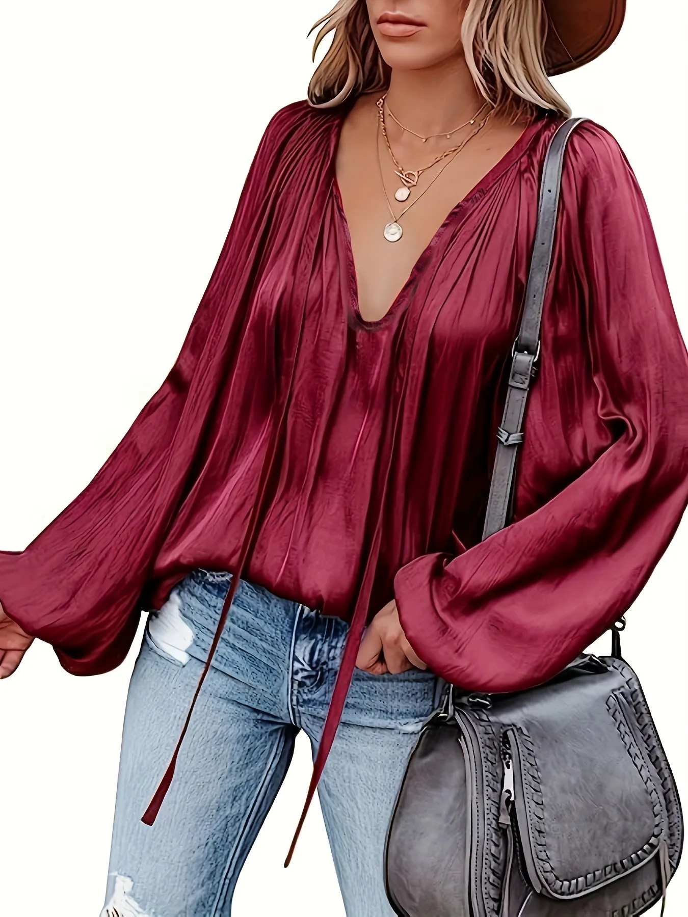 Chic Spring  Fall Blouse Solid Tie Neck Casual Long Sleeve