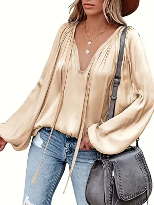 Chic Spring  Fall Blouse Solid Tie Neck Casual Long Sleeve