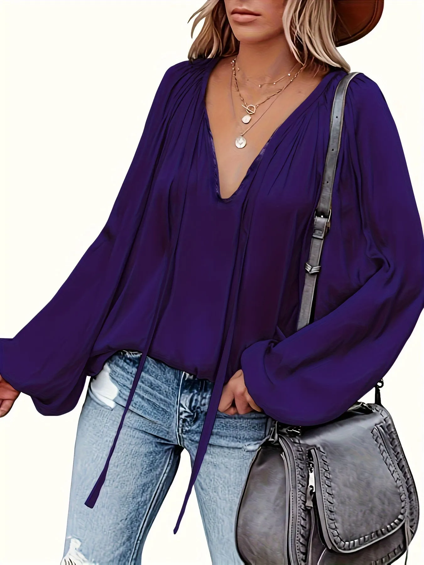 Chic Spring  Fall Blouse Solid Tie Neck Casual Long Sleeve