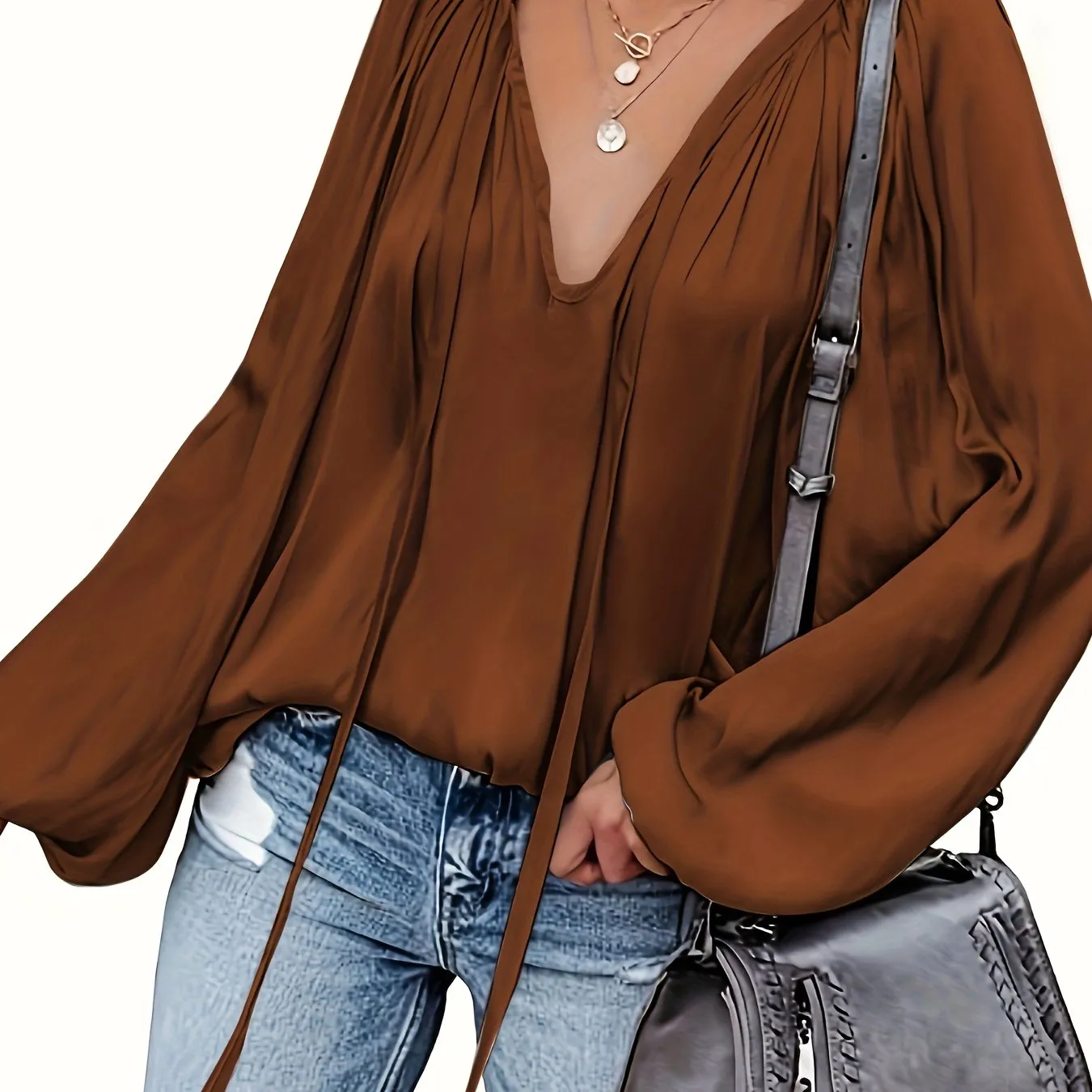 Chic Spring  Fall Blouse Solid Tie Neck Casual Long Sleeve