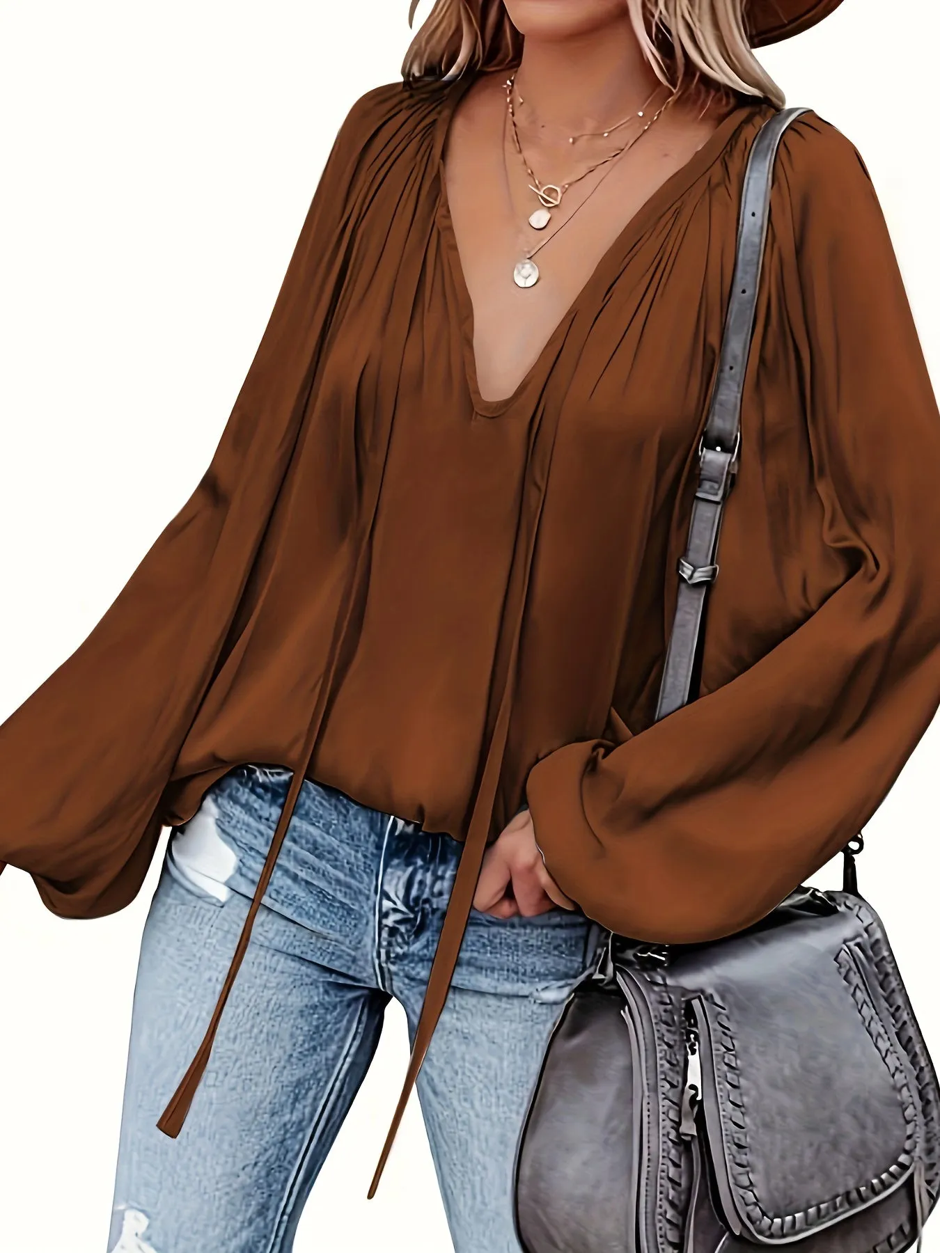Chic Spring  Fall Blouse Solid Tie Neck Casual Long Sleeve