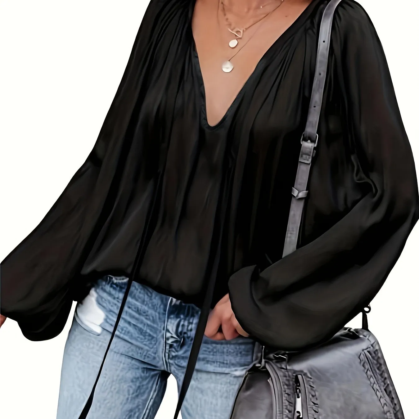 Chic Spring  Fall Blouse Solid Tie Neck Casual Long Sleeve