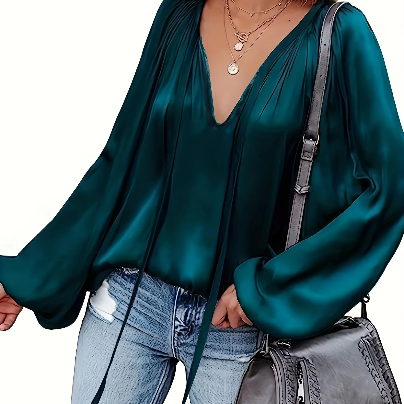 Chic Spring  Fall Blouse Solid Tie Neck Casual Long Sleeve