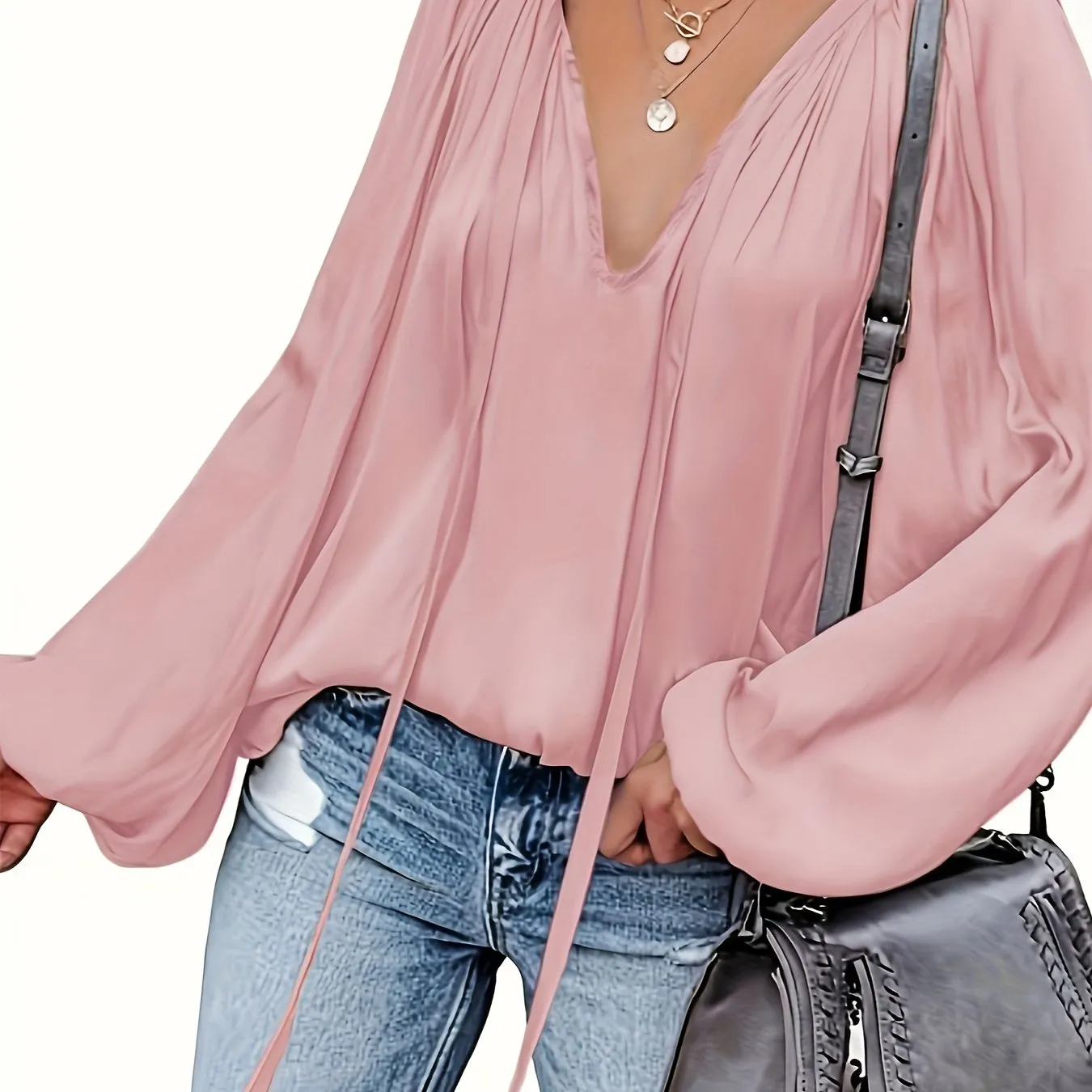Chic Spring  Fall Blouse Solid Tie Neck Casual Long Sleeve