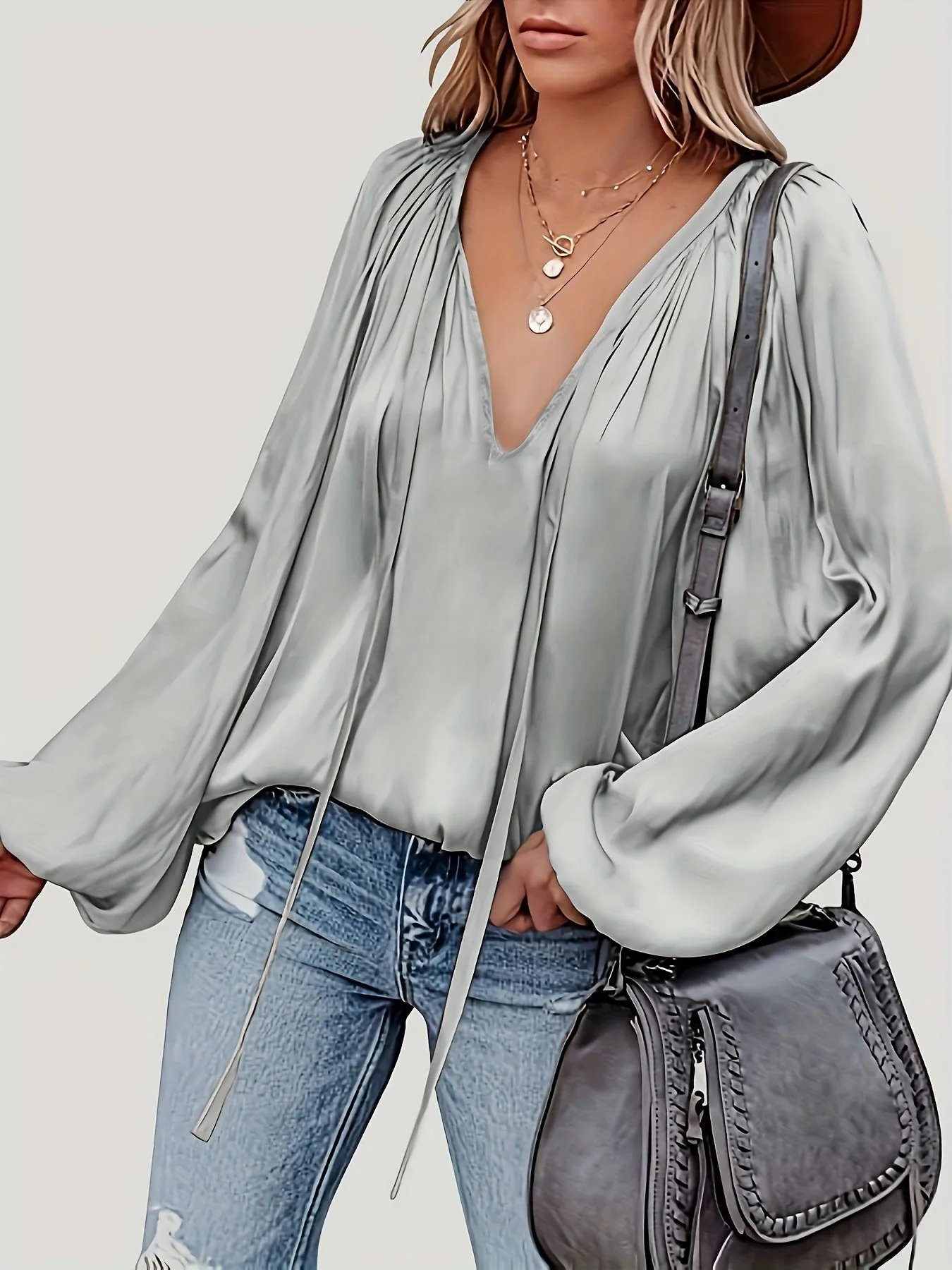 Chic Spring  Fall Blouse Solid Tie Neck Casual Long Sleeve
