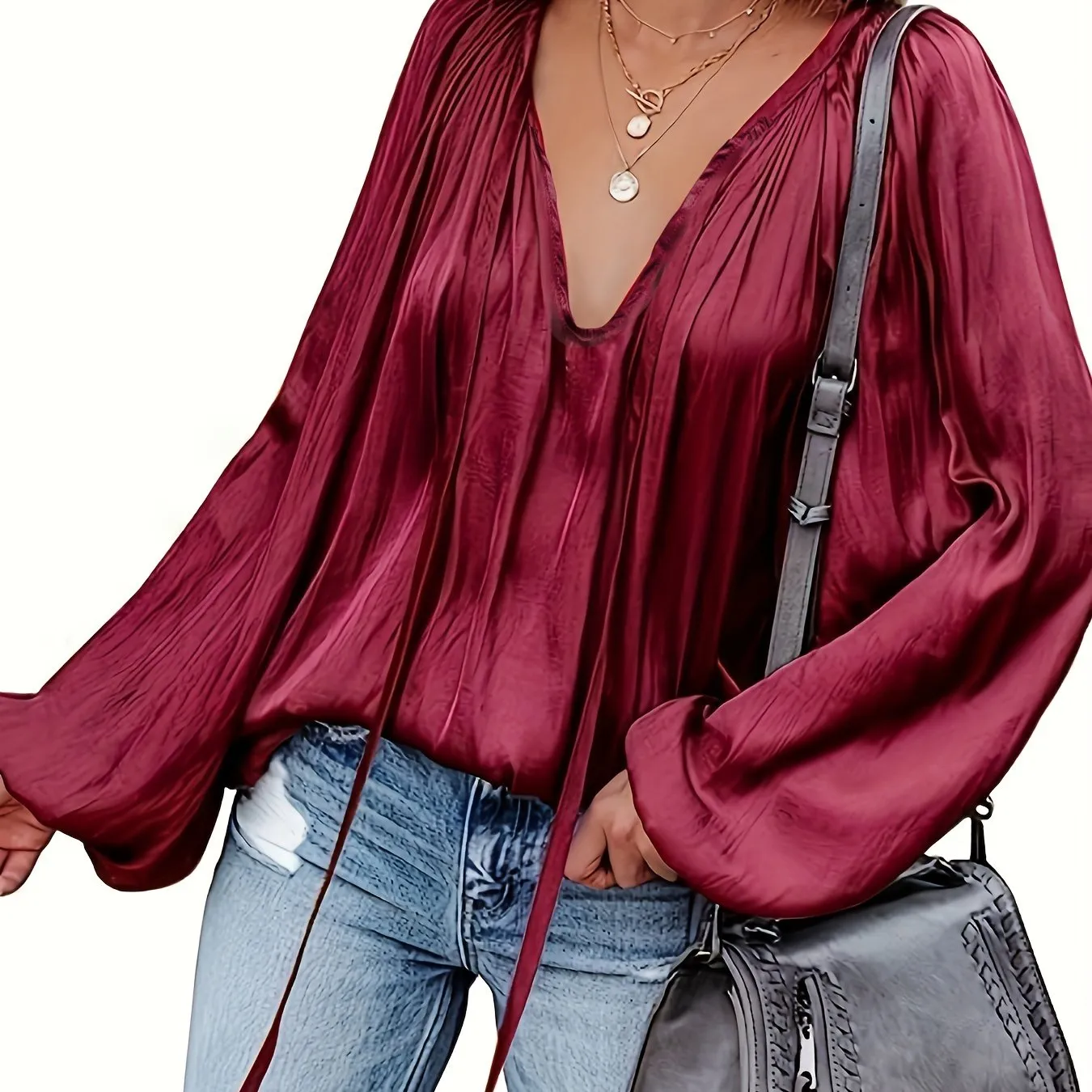 Chic Spring  Fall Blouse Solid Tie Neck Casual Long Sleeve