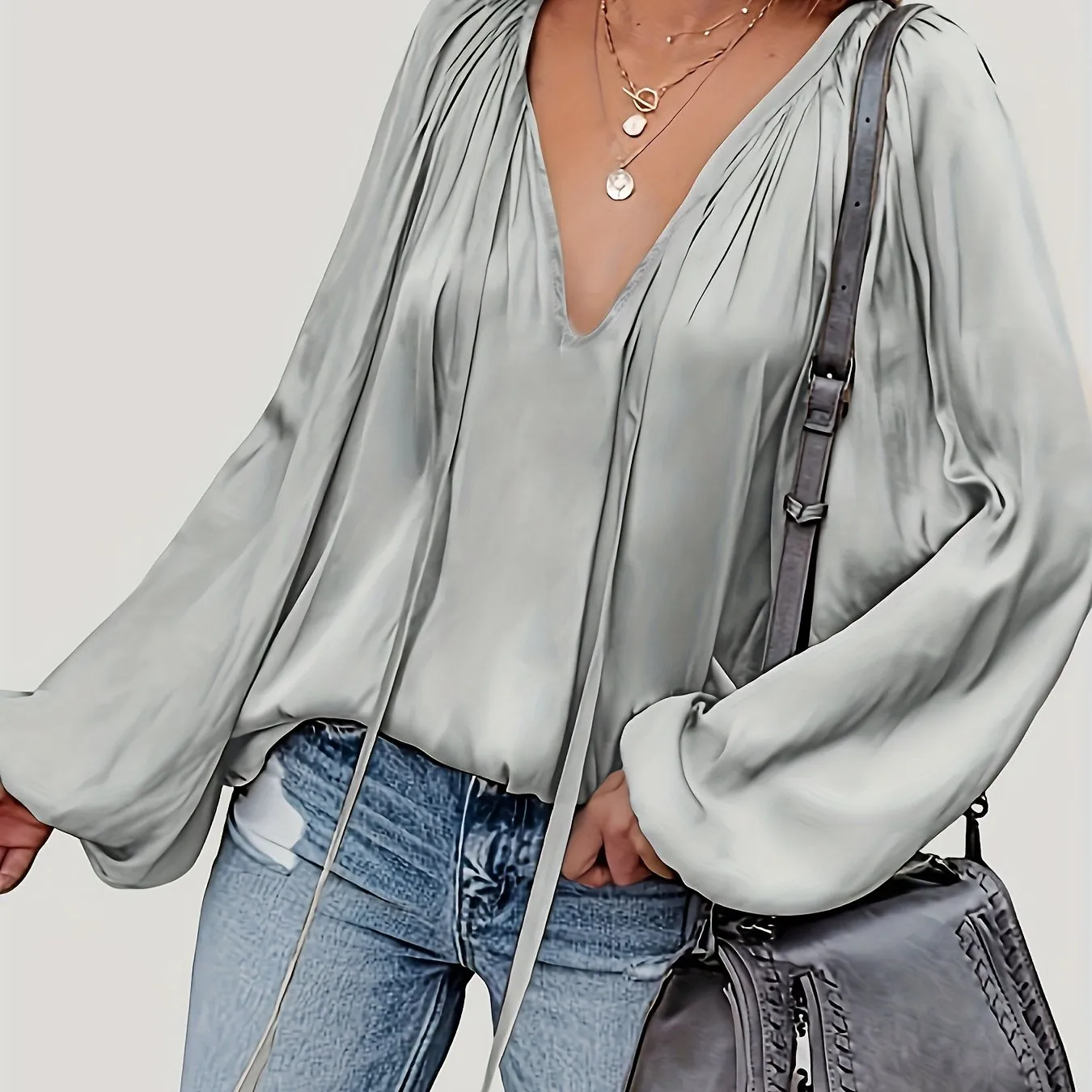 Chic Spring  Fall Blouse Solid Tie Neck Casual Long Sleeve