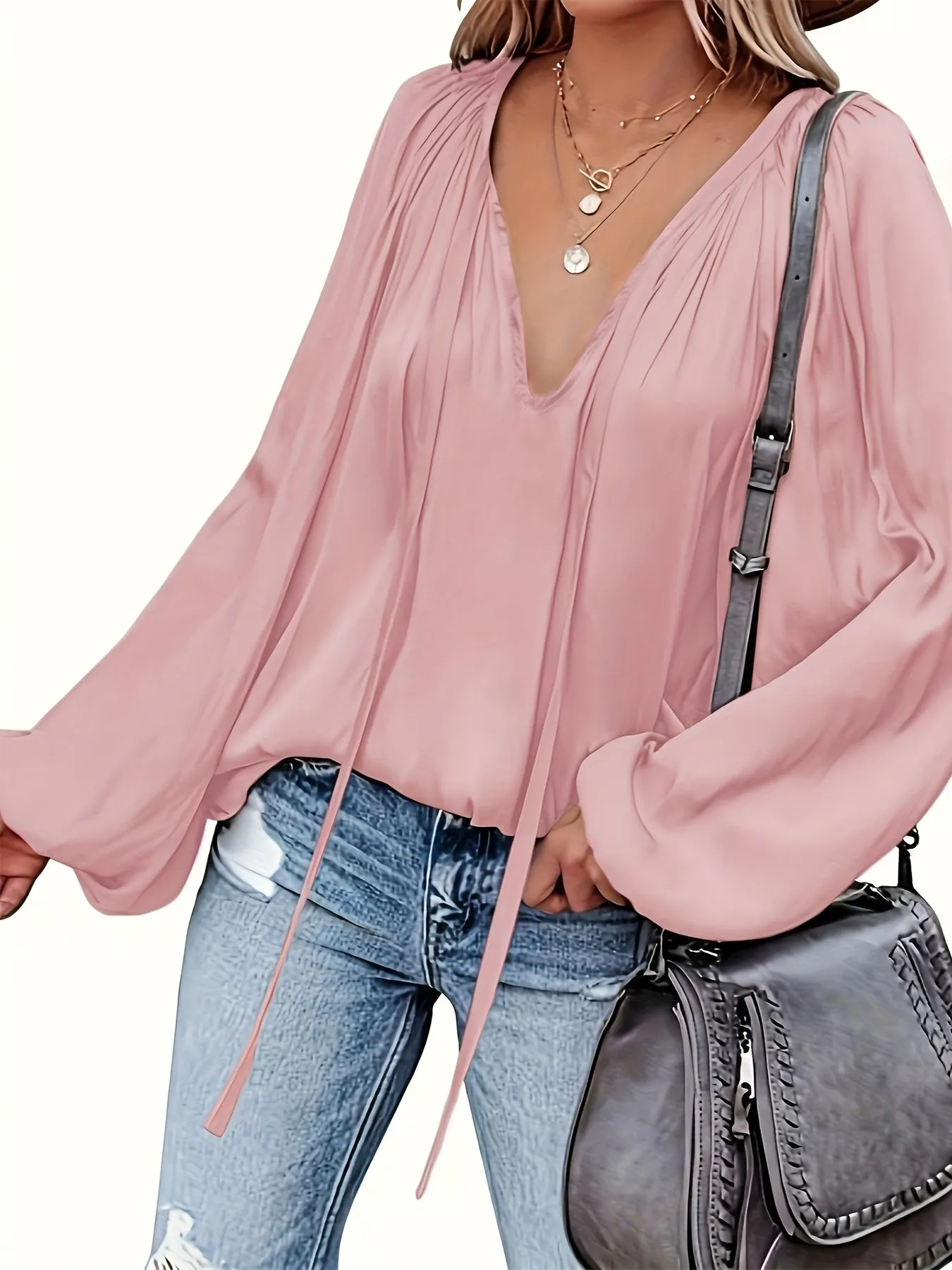Chic Spring  Fall Blouse Solid Tie Neck Casual Long Sleeve