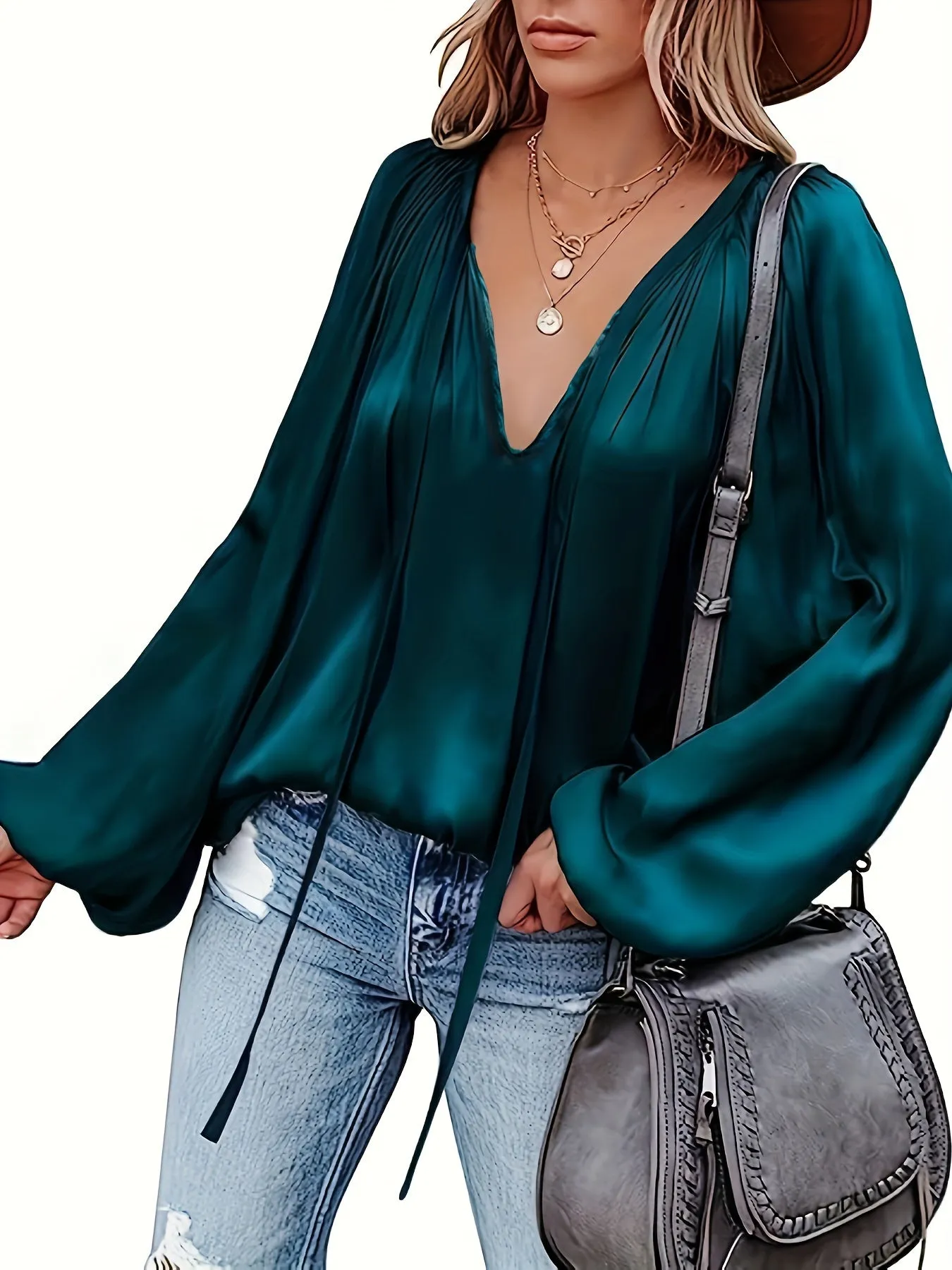 Chic Spring  Fall Blouse Solid Tie Neck Casual Long Sleeve