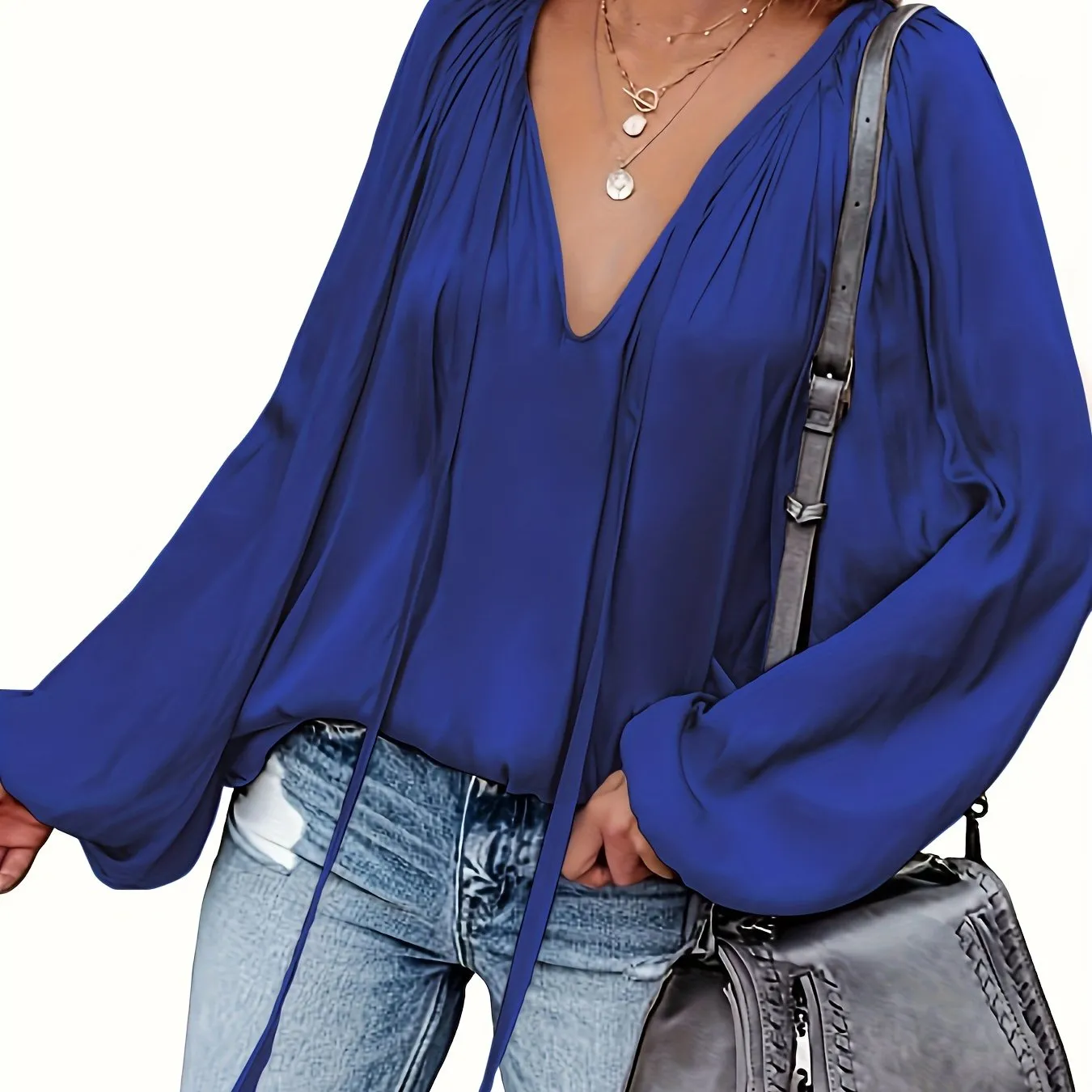 Chic Spring  Fall Blouse Solid Tie Neck Casual Long Sleeve