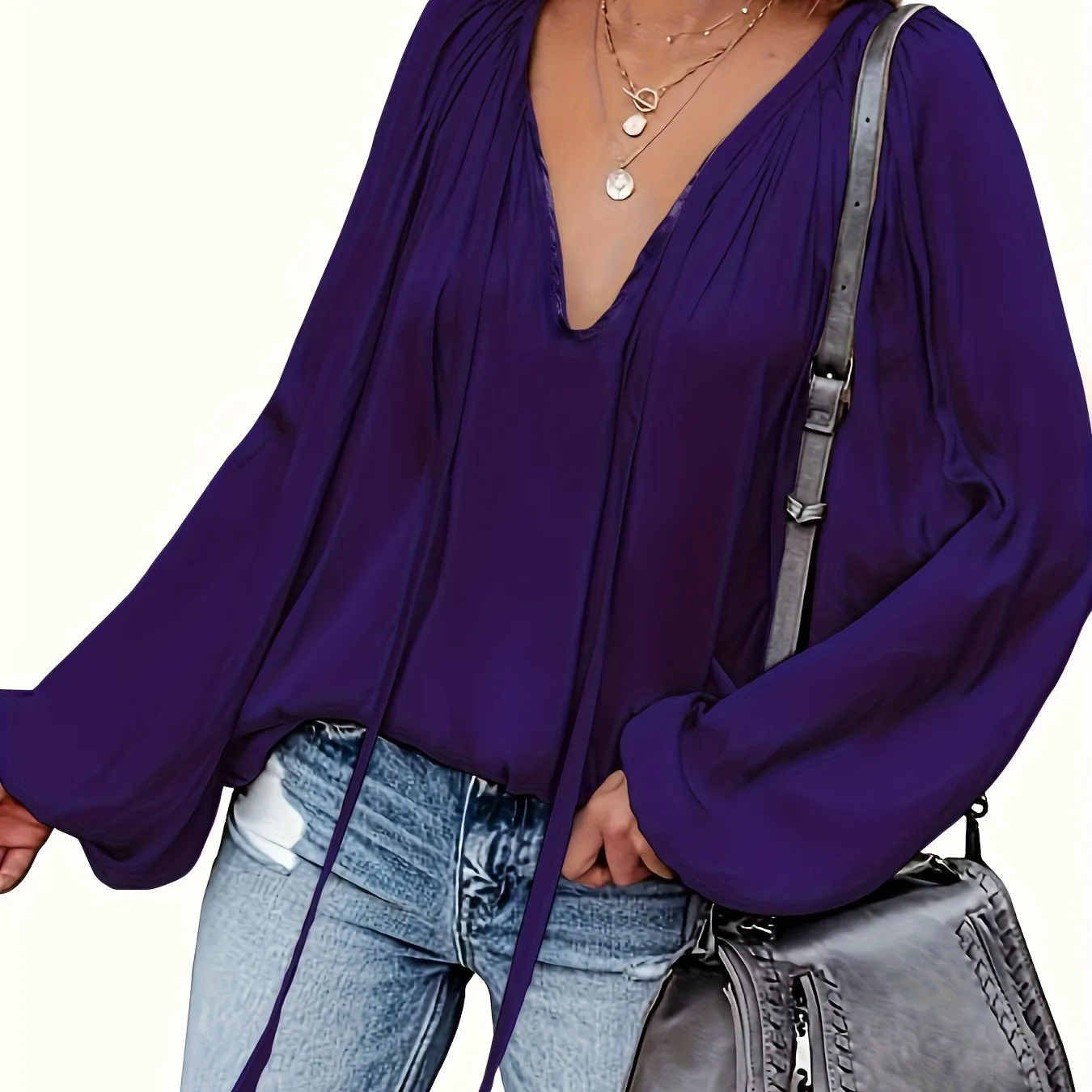Chic Spring  Fall Blouse Solid Tie Neck Casual Long Sleeve