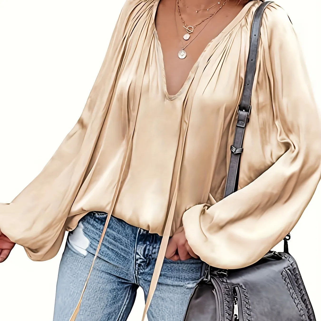 Chic Spring  Fall Blouse Solid Tie Neck Casual Long Sleeve