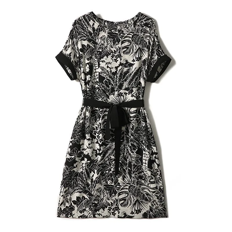 Cinched Waist Tie-Up Ink Painting Print Black And White Dress