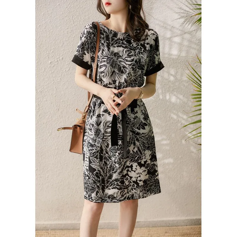 Cinched Waist Tie-Up Ink Painting Print Black And White Dress