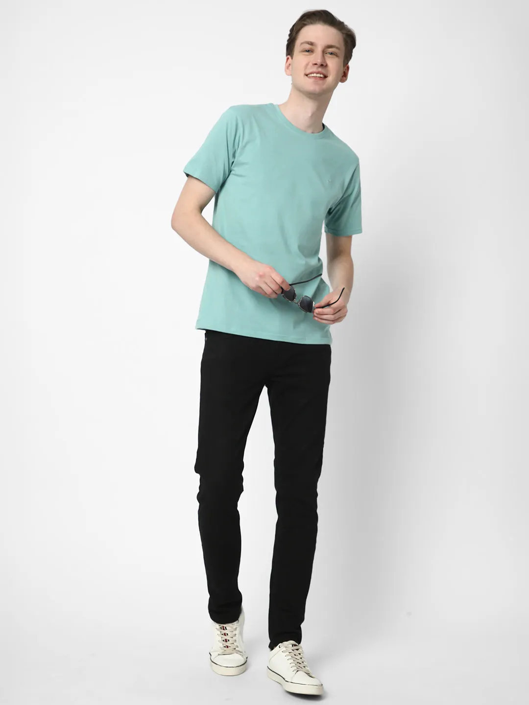 Cotstyle Cotton Fabrics Round Neck Short Length Plain Half Sleeve Casual & Daily Wear Men's T-Shirts -  Pack of 1 - Nile Blue