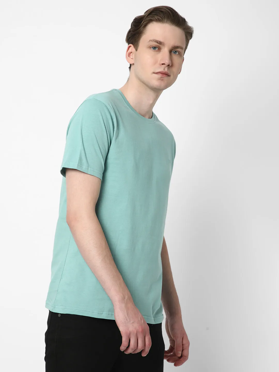 Cotstyle Cotton Fabrics Round Neck Short Length Plain Half Sleeve Casual & Daily Wear Men's T-Shirts -  Pack of 1 - Nile Blue