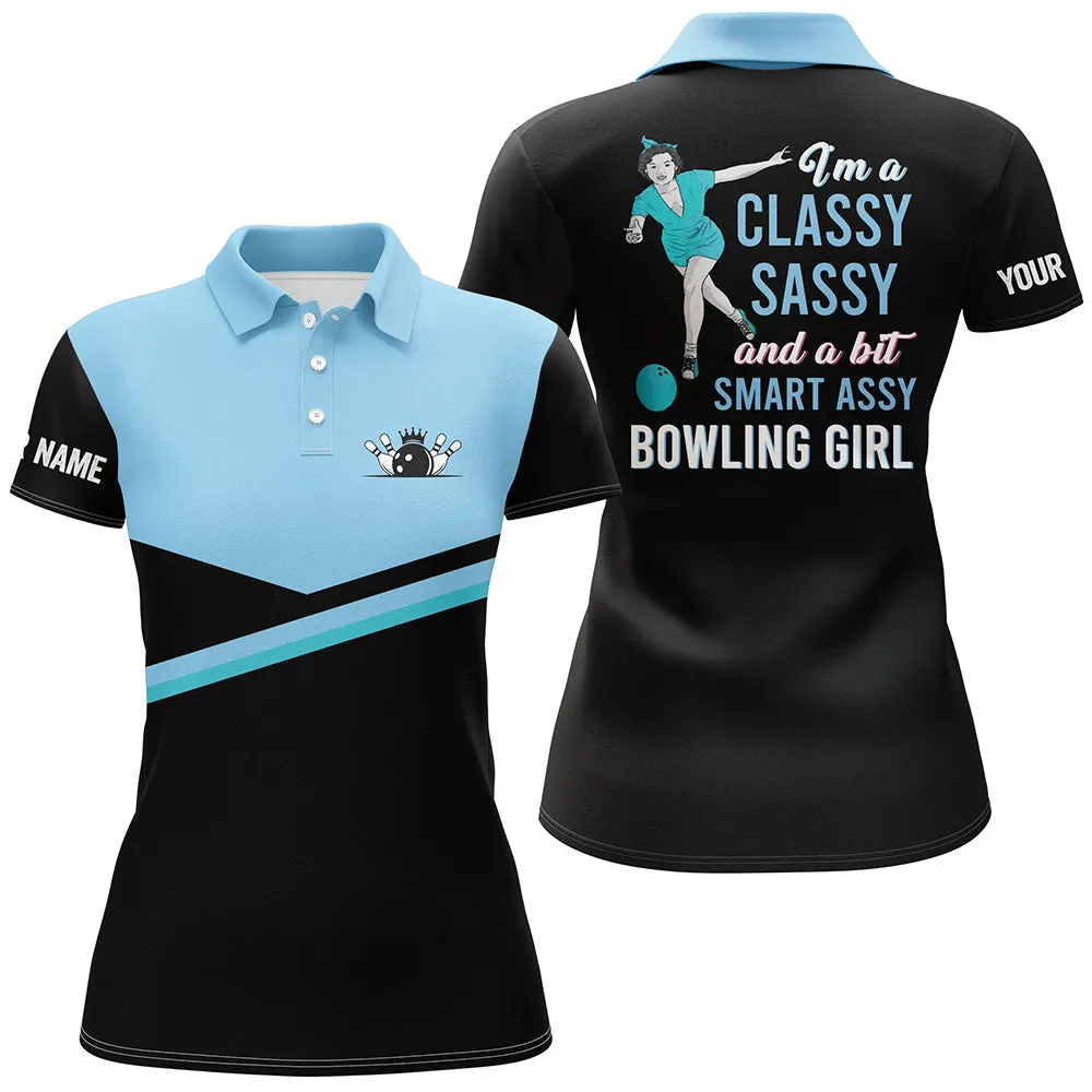 Custom Pink and Blue Women Bowling Polo Shirts, I'm a classy sassy and a bit smart assy Bowling Girl