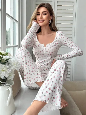 Ditsy Floral Print Lettuce Trim PJ Set