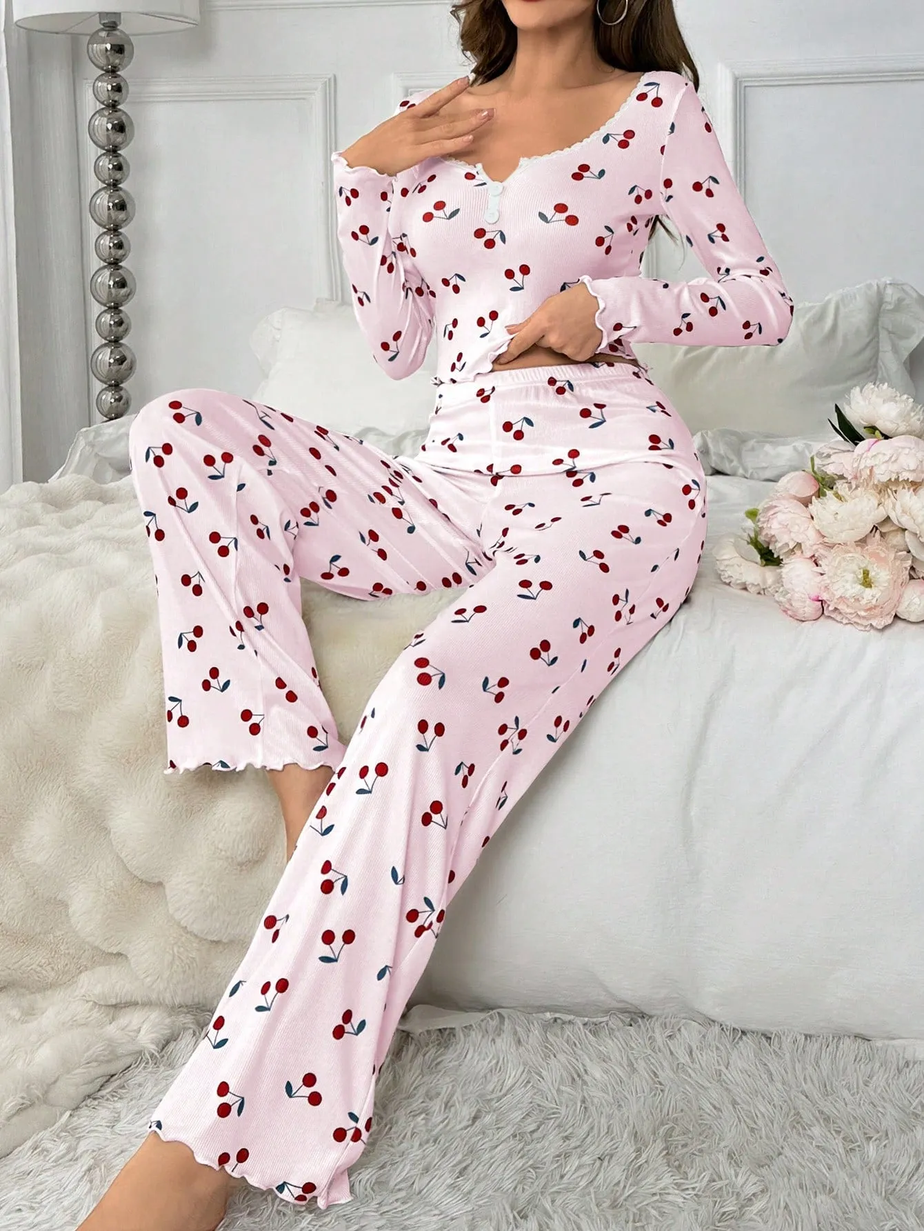 Ditsy Floral Print Lettuce Trim PJ Set