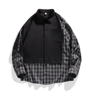 Draping Plaid Workwear Patchwork Trendy Long Sleeve Shirt